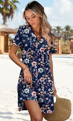 Image of WIHOLL Summer Dresses for Women Casual V Neck Wedding Guest Dress Hawaiian Midi Dress Fashion Beach Vacation Clothes
