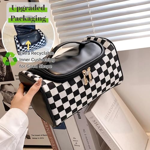 Checkered Makeup Bag Travel Purse Toiletry Bag Women Cute Cosmetic Case Portable Hanging Organizer for Essentials (Black)3