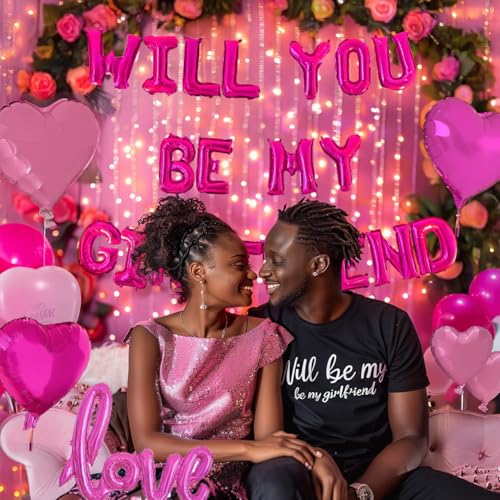 Image of Will You Be My Girlfriend Balloons 60pcs pink hot pink and white balloon kit Include 18 Inch Heart Shaped Balloons and 1000 Pink Artificial Rose Petals Romantic Decoration Kit for Valentines Party