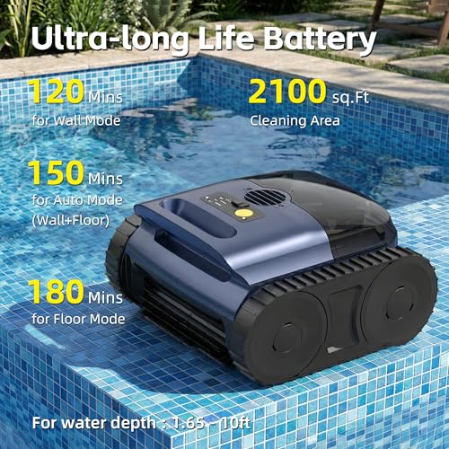 Image of Pool Vacuum for Inground Pool, Cordless Pool Cleaner Robot with Smart Navigation, Self-Parking, LED Indicator, Wall&Waterline Above Ground Pool Vacuum Cleaning up to 2150 Sq.ft