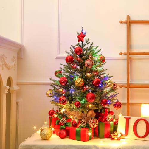 Alupssuc 2 Fuß Beleuchteter Künstlicher Mini-Weihnachtsbaum, 100% PE-Zweige mit Sockel aus Leinensack, Farbige LED-Lichter, 8 Lichtmodi, Perfekt für Weihnachtsdekorationen, Zuhause,Grün
