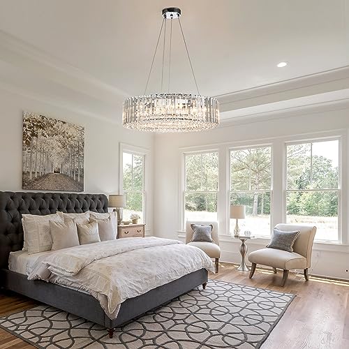 Lingkai Modern Round Crystal Chandelier, 19.7 in 6-Light Luxury Crystal Pendant Light Fixture E12 Bulb Semi Flush Ceiling 60W Adujustable Hanging Core Light Chrome — view 6