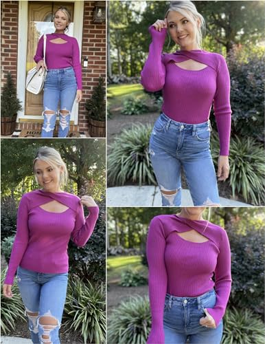 Image of Zeagoo Sweaters for Women 2026 Knit Trendy Long Sleeve Lightweight Slim Fit Pullover Cutout Tops Purple Large