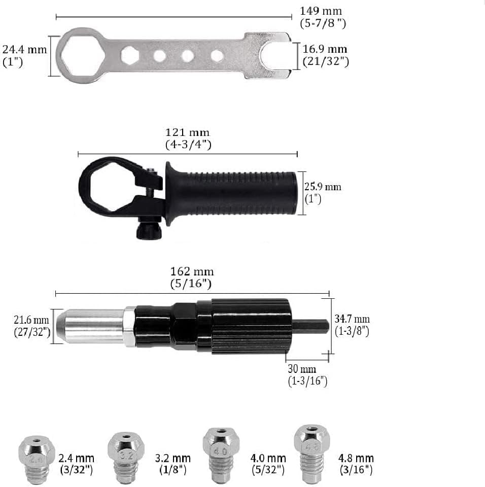 Pop Rivet Gun Tool, Professional Cordless Riveter Adapter Kit Riveter Nut Tool Drill Attachment for Cordless Electric Power Drill (4 Threaded Head Sizes: 2.4/3.2/4.0/4.8mm)