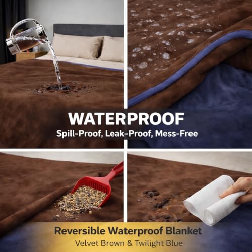 Image of Waterproof Throw Blanket - Leakproof, Spill-Proof Flannel Blanket for Bed, Couch, Kids & Pets Protection, Reversible Water-Proof Design (Velvet Brown & Twilight Blue, 40x60)
