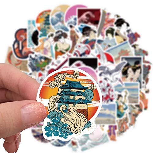 Ukiyoe Stickers| Japanese Ukiyo-e Wave Waterproof Vinyl Stickers for Water Bottles Bicycle Laptop Refrigerator Luggage Computer Mobile Phone Skateboard Bike Decals (50 Pcs)
