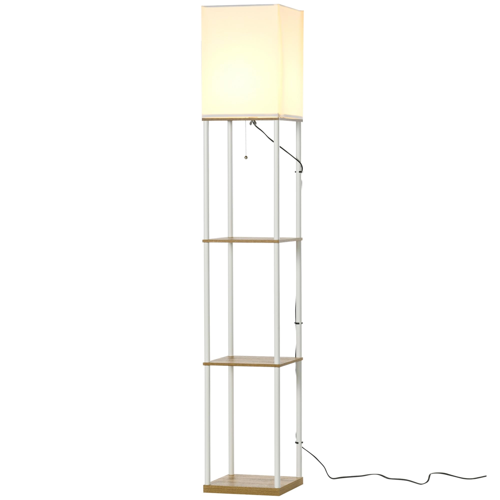Homcom White Modern Floor Lamp With Shelves, Layer Shelf Tall Standing Lamp With Fabric Lampshade, Pull Chain Switch For Living Room, Bedroom, Bulb Not Included, Size 3