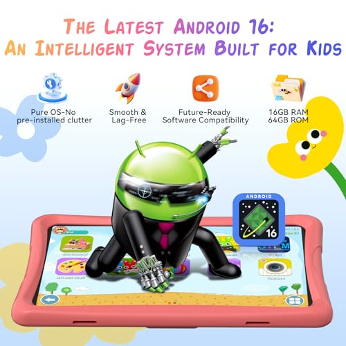 Image of Kids Tablet 10 inch, Android 16 Tablet for Kids Space, Parental Control, 16GB RAM 64GB ROM, 2TB Expand, Includes Case & Stylus Pen, Pre-Installed Educational Apps, Eye Protection, Pink