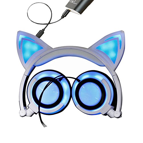 Teepao Cat Ear Headphones Wired Over-Ear Foldable LED Gaming Flashing Lights Headset with USB Charging Computer Phone Atmosphere Earphone for Adult, Kids, Children, Girls, Boys (White, New Version)