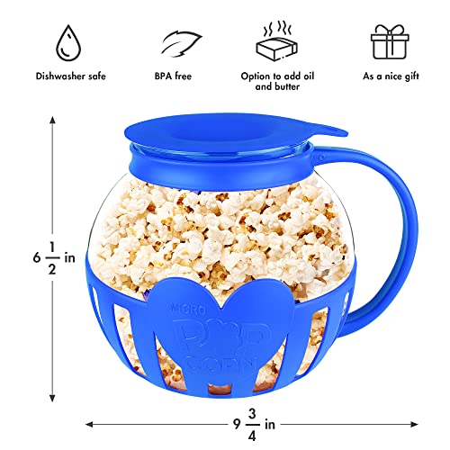 The Original Korcci 3 Quart Microwave Glass Popcorn Popper, Borosilicate Glass, Dishwasher Safe, 3-In-1 Silicone Lid, Bpa Free, Family Size (Blue) #TOP2