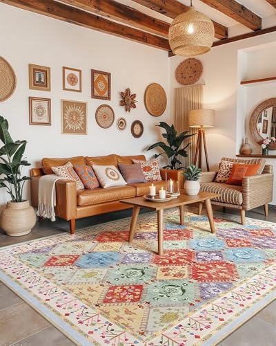 5x7 Washable Area Rug for Living Room, Boho Non-Sl...
