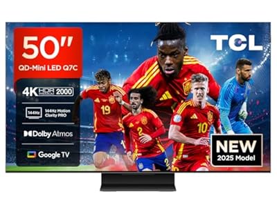 TCL 50Q7C 50" QD-Mini LED 4K HDR Premium 2600 Smart TV con Google TV Dolby Vision IQ y Atmos Panel CrystGlow HVA Motion Clarity Pro de 144 Hz Game Master