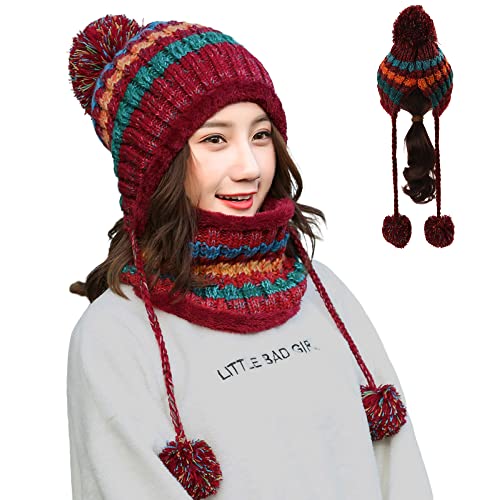 HunterBee Bonnet péruvien en tricot avec doublure en polaire Motif tête de mort Laplander Bonnet cache-oreilles en laine chaude Pompons queue de cheval, Rouge, L