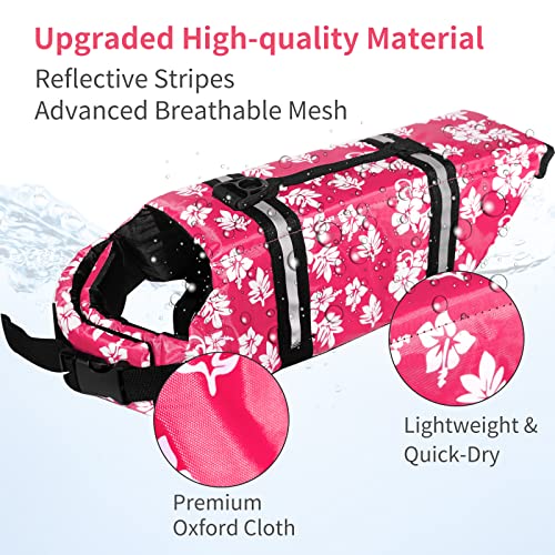 Red Floral Dog Life Jackets, Reflective & Adjustable Preserver Vest With Enhanced Buoyancy & Rescue Handle For Spring Summer Swimming (Pink Flower,Xs) #TOP3