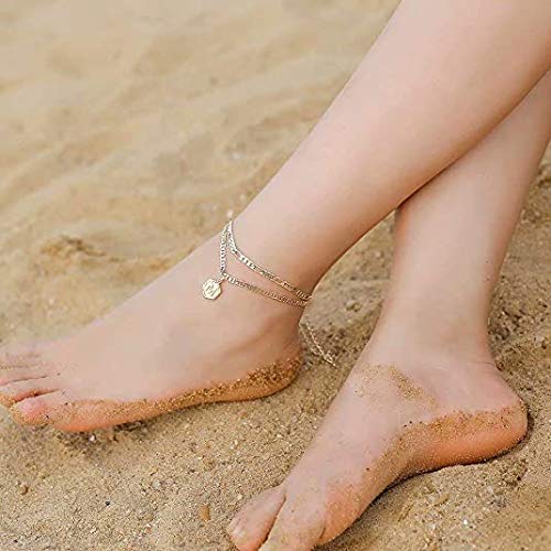 Frodete Initial Ankle Bracelets For Women 14K Gold Plated Double Layered Anklets Stainless Steel Anklet Hexagon Letter Bracelets For Teen Girls (M) #TOP3