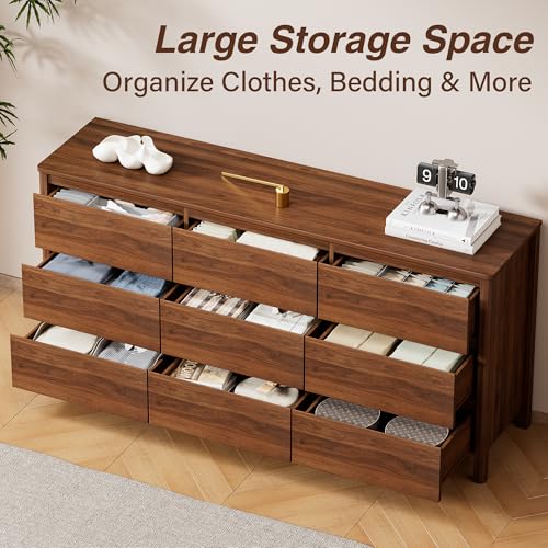 Image of Furniway 63 inch Mid-Century Modern Dresser for Bedroom, 9 Drawer Wide Chest of Drawers with Wood Legs, Large Storage Bedroom Dresser, Walnut