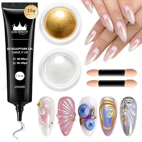 BISHENGYF Chrome Nail Powder & 3D Gel Nageldesign Kit 4-in-1, mit No-Wipe Spiegelnagel Pulver für Roségold & Silber Nägel,Clear Solid Base Colour 3D Nail Gel Design DIY Nail Art Enthusiast Home