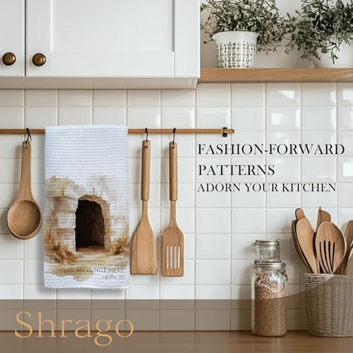 Image of Christian Easter Kitchen Towels, He is Not Here Religious Bible Verse Dish Tea Towels for Kitchen, Empty Tomb Easter Decorative Hand Towel for Bathroom Decor, 16x24 Inch