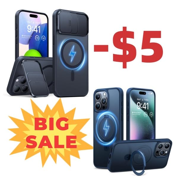 TORRAS Durable Slide Camera Cover, Kickstand & Ultra Magnetic Blue Case with Sturdy Stand for iPhone 15 Pro