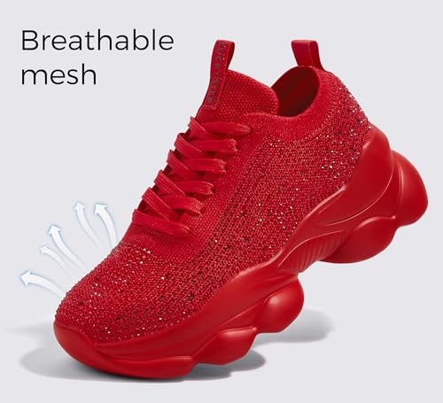 LUCKY STEP Women's Chunky Rhinestone Sneaker Sparkly Bling Bedazzled Mesh Slip on Elastic Sock Glitter Shiny Rave Walking Shoes3