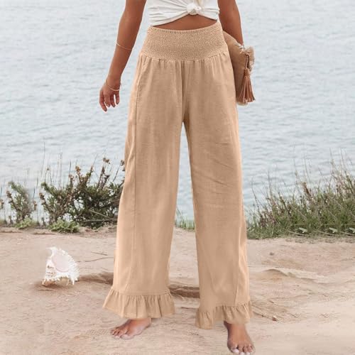 Wide Leg Linen Pants for Women Smocked Waist Summer Flowy Ruffle Pants Beach Casual Cropped Palazzo Pant with Pockets3