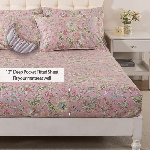 Image of FADFAY Twin XL Sheets Set 4Pcs Pink Floral College Bedding 100% Egyptian Cotton Dorm Room Bedding, Soft Cooling Breathable Dorm Sheets Extra Long with Deep Pocket Luxury Hotel Quality for All Seasons
