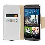 DEDTET Tasche passend für HTC One M9, Außenseite aus Echt-Leder, Innenseite aus Textil und Leder, Case mit Magnet-Verschluss, Schutz-Hülle seitlich aufklappbar, Ultra-Slim Cover, Weiß