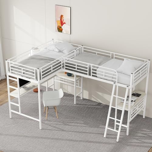 HAINEW Hochbett Metallbett 90 × 200cm mit Schreibtisch, L Form Doppelbett Eisenbett Bettgestell mit Doppeltreppe und Hohes Geländer für Jugendliche oder Kinder (Weiß)