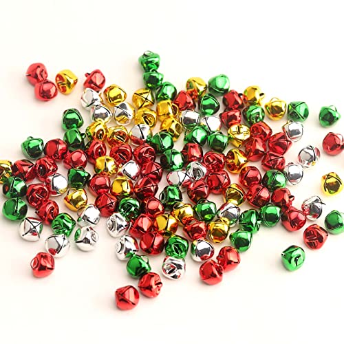 YIEUR 200 cascabeles en coloridas decoraciones para árbol de Navidad, campanillas, verde, rojo, plata y oro, 10 mm para decoración de Navidad, fabricación de joyas para mascotas (colorido, 10 mm)