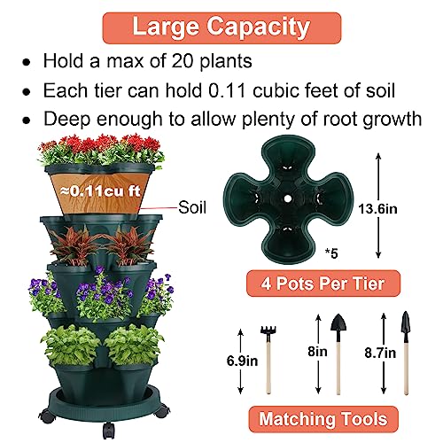 Vertical Planter 5 Tier Stackable Planters Garden Tower Planters Strawberry Herb Flower And Vegetable Planter Indoor Outdoor Gardening Pots With Removable Wheels And Tools #TOP4