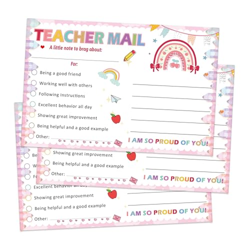 Well tile 60 Pack Pink Teacher Mail Postcards Teacher Notes to Parents, Positive Behavior Cards Happy Note from Teachers Desk for Home Kindergarten Preschool