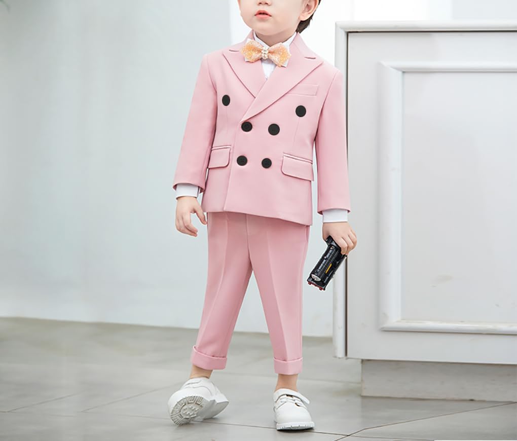 Boys 3 Piece Suit Set Double Breasted Blazer and Vest with Elastic Waist PantsFormal Wedding Pageant Outfit for Kids