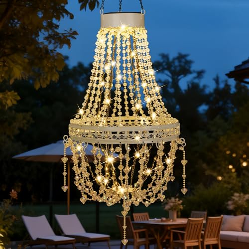 Hanging Solar Lantern Outdoor Chandelier, Waterproof Modern Crystal Acrylic Pendant Light with Warm White LED S Hook Decorative Garden Lights for Gazebo, Patio, Yard, Party, Wedding, Home Decor