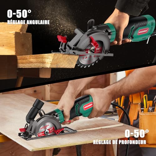 HYCHIKA Scie Circulaire, Mini Scie Circulaire 750W 3500 tr/min avec Sac de Transport, 3 Lames de Scie 115+125mm, Rail de Guidage, Profondeur de Coupe 48mm (90°), pour Bois, Métal Doux, Plastique – vue 2