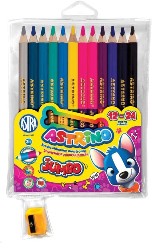 Astrino Double Sided Jumbo Pencils - Pack of 12 = 24 School Colours, Multicolour, Round with Sharpener
