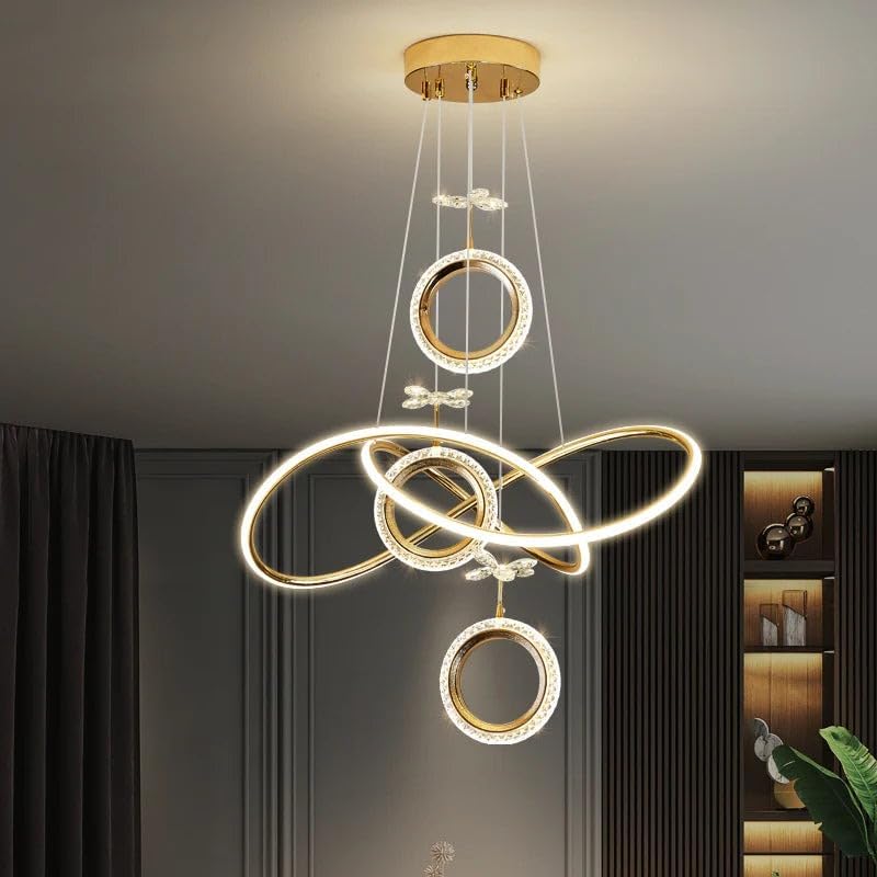 Image of Smart Modern Ring Pendant Light - Gold Finish Circular LED Chandelier with Crystal Design, 3-Color Changing Light for Living Room, Dining Room, Bedroom & Office
