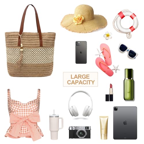 Image of Long Keeper Beach Bags for Women Summer Straw Bag with Zipper Woven Shoulder Handbag Beach Tote Bags for Travel Vacation