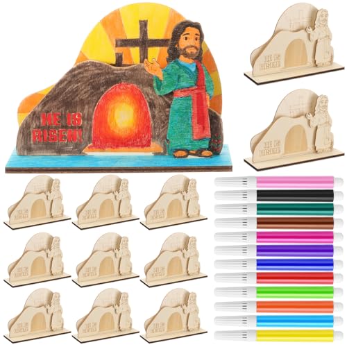 Blueweenly 12 Sets Christian Easter Crafts for Kids He is Risen Crafts for Sunday School Religious Jesus Resurrection Scene Standable Craft Kit with Watercolor Pens for Church Activities Party DIY