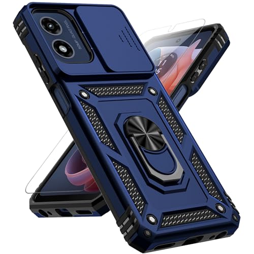 for Motorola Moto G 5G 2024 Case with Slide Camera Cover HD Screen Protector [Military Grade Drop Tested] Magnetic Ring Holder Kickstand Protective Phone Case for Motorola Moto G 5G 2024, Navy Blue