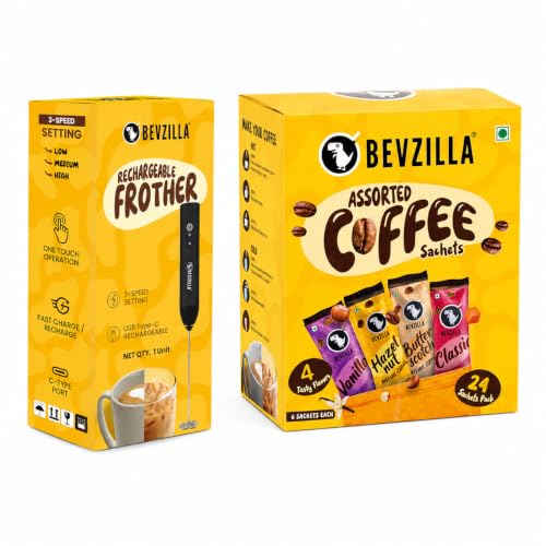 Image of Bevzilla 24 Assorted Coffee & Rechargeable Electric Frother Combo Pack | 3-Speed Setting with Type-C Fast Charging| 6 Pouches Each Flavour | Cafe Coffee Kit | Enjoy Hot & Cold