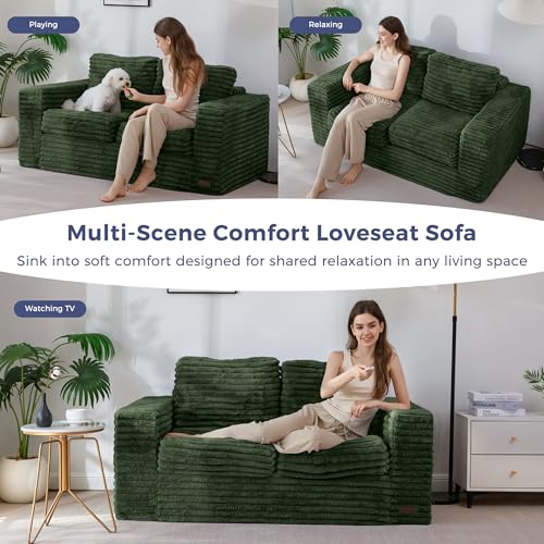 Image of MAXYOYO Loveseat Sofa Couch, Upholstered Bean Bag Chair Cloud Seat for Adults, Boneless Couch with Cushion & Pillows, Sofa in A Box, No Assembly Required, Faux Fur Green