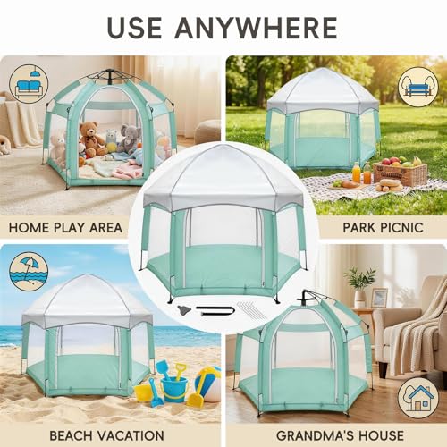 Image of Palopalo Mint Green Pop Up Baby Beach Tent - UPF50+ Sun Protection Canopy & Mosquito Net, Instant Setup Portable Playpen for Indoor & Outdoor Play, Lightweight Pack and Play Yard