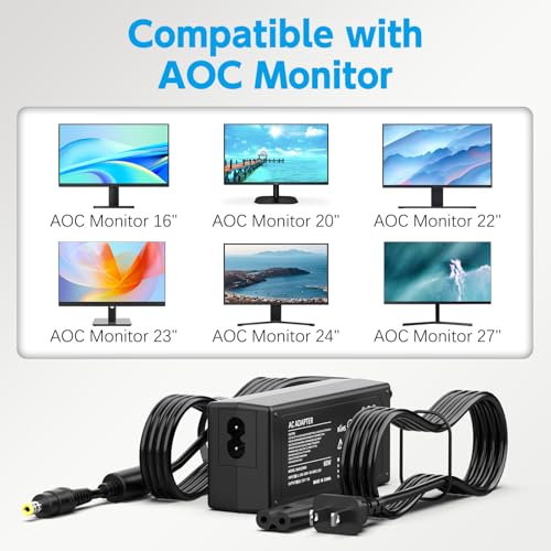 12V Power Cord for AOC Monitor 16\" 20\" 22\" 23\" 24\" 27\"; E1659FWU, E2043FK, E2243FW, E2243FWK, E2343FK, LM520, LM720, LM729, LM800, LM914; HP 2011X 2211X 2311X Replacement Power Supply Cord
