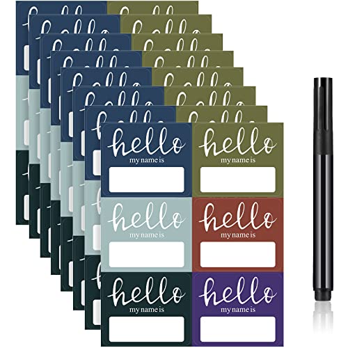 120 Pcs Hello My Name is Stickers Name Tag with Marker Pen, Dark Colors Set