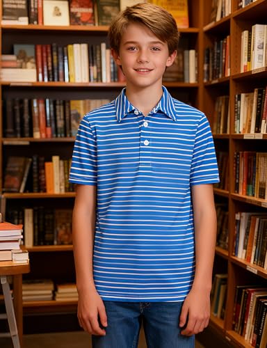 Cuddomper Boy Polo Stripe Shirt Size 11-12 Blue White Short Sleeve Golf Top - image 3