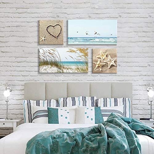 Coastal Wall Art Seascape Artwork: Sea Grass And Starfish On Beach Canvas Painting For Living Room (16'' X 16'' X 2 Panels + 32'' X 16'' X 2 Panels) #TOP3