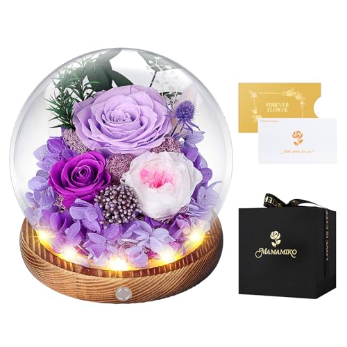 MAMAMIKO Preserved Roses in Glass Dome with LED Light - Long Lasting Real Roses, Forever Flowers...