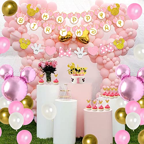Cartoon Mouse Birthday Party Decorations Pink And Gold Cartoon Mouse Themed Party Supplies For Girls 1St 2Nd 3Rd With Cartoon Mouse Head Foil Balloons Happy Birthday Banner Garland Cake Cupcake Topper #TOP3