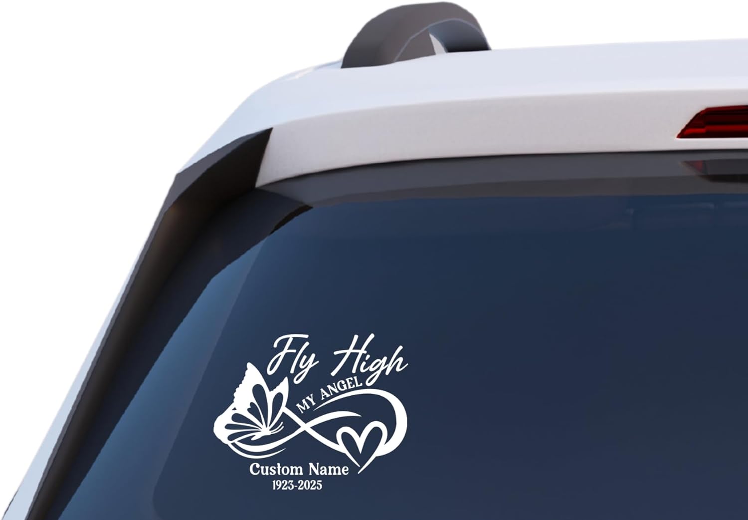 Fly High My Angel Memorial Car Decal – Custom Name & Dates, Butterfly Heart Design, Vinyl Window Sticker