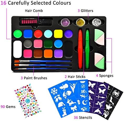 ABsuper Face Paint for Children 16 Colours Professional Body Face Painting Kit for Kids with Gem Sheet, Glitters, Stencils, Hair Chalks Comb, Brushes, Sponges, Non-Toxic Water Based Washable